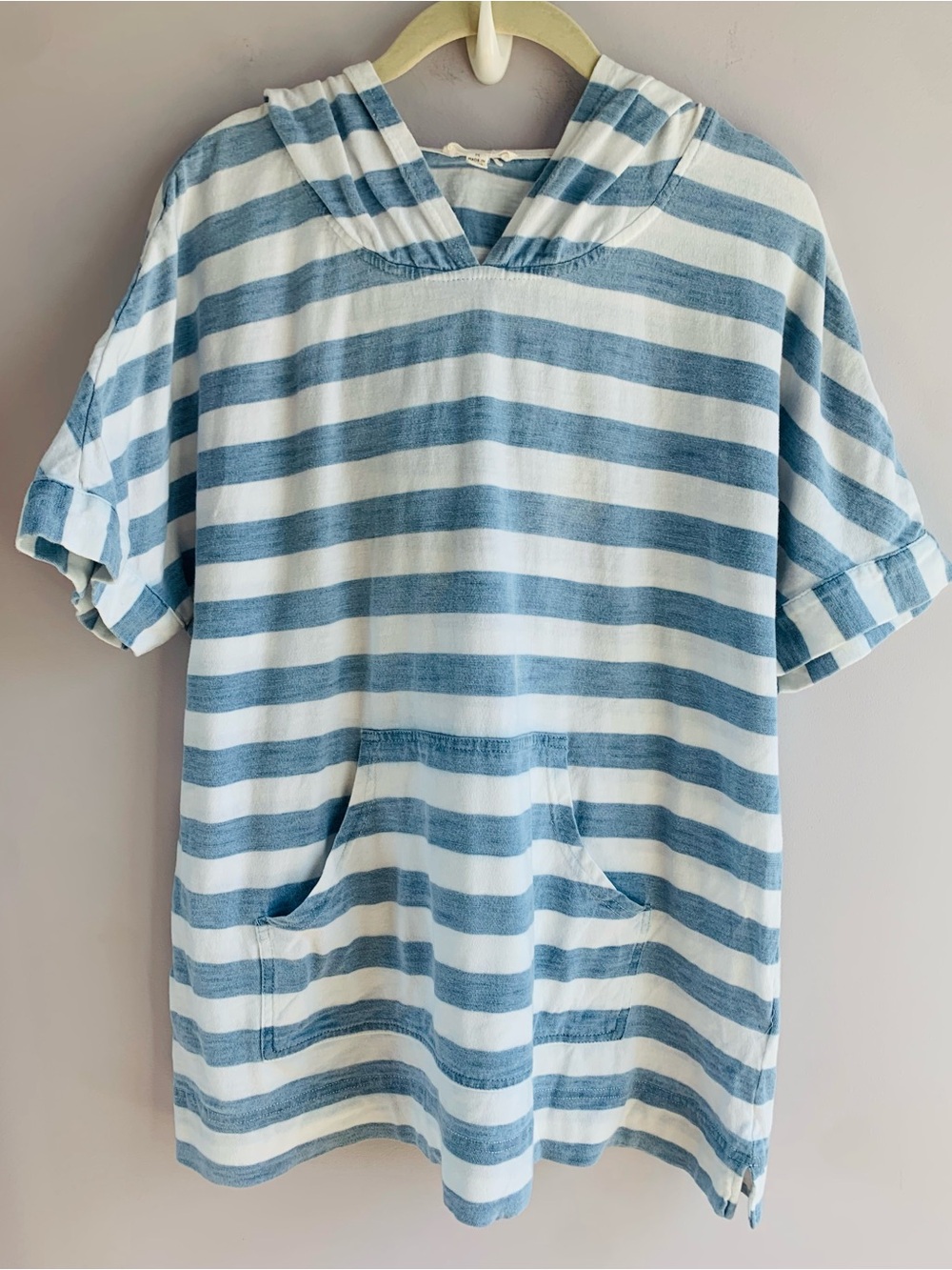 Jane & Delancey Hooded Top Blue White Stripes Short Sleeve Cotton Beachy EUC M